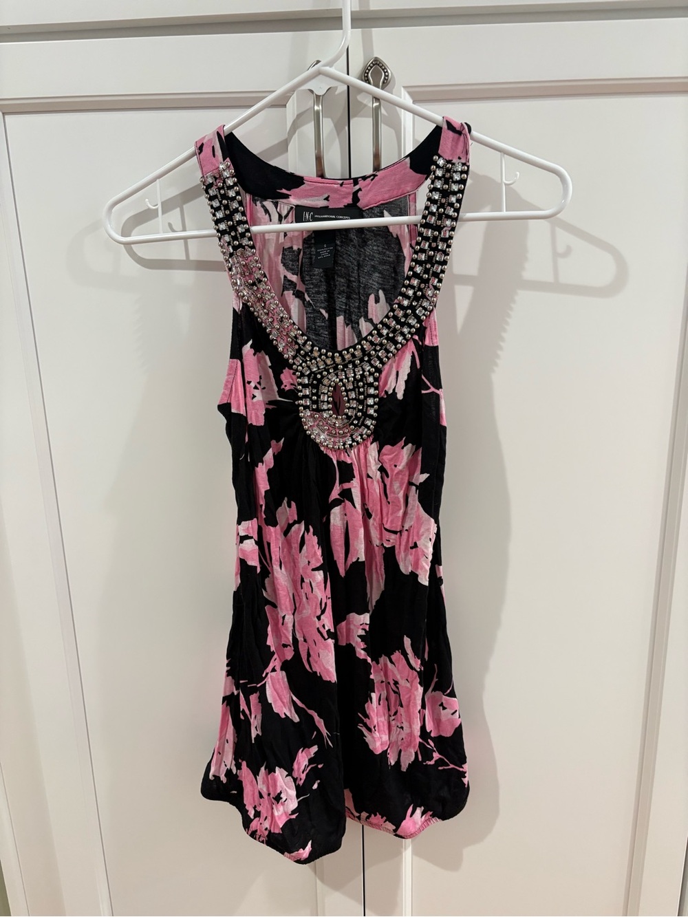 INC International Concepts Black Tank Top with Pink Floral & Beaded Neckline